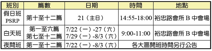 202407-08全召會半年度錄影訓練各班時地