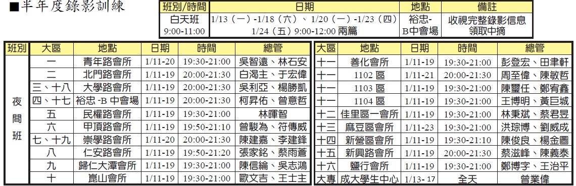 半年度錄影訓練白天及夜間時地