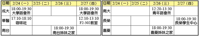 大專各校第二週福音聚會時間地點